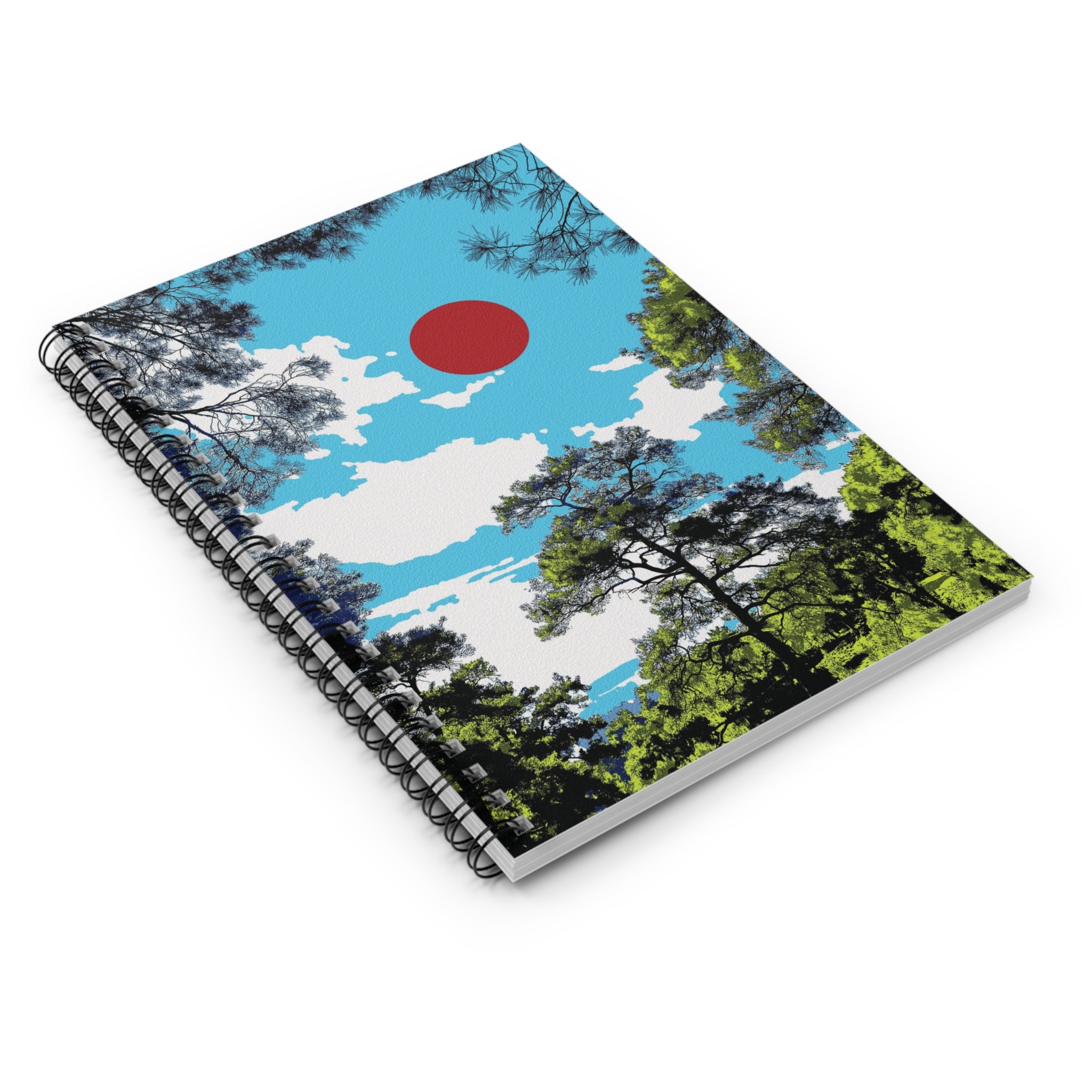Minimal Forest Art Journal, Nature Spiral Notebook, Blue Sky Sun Illustration