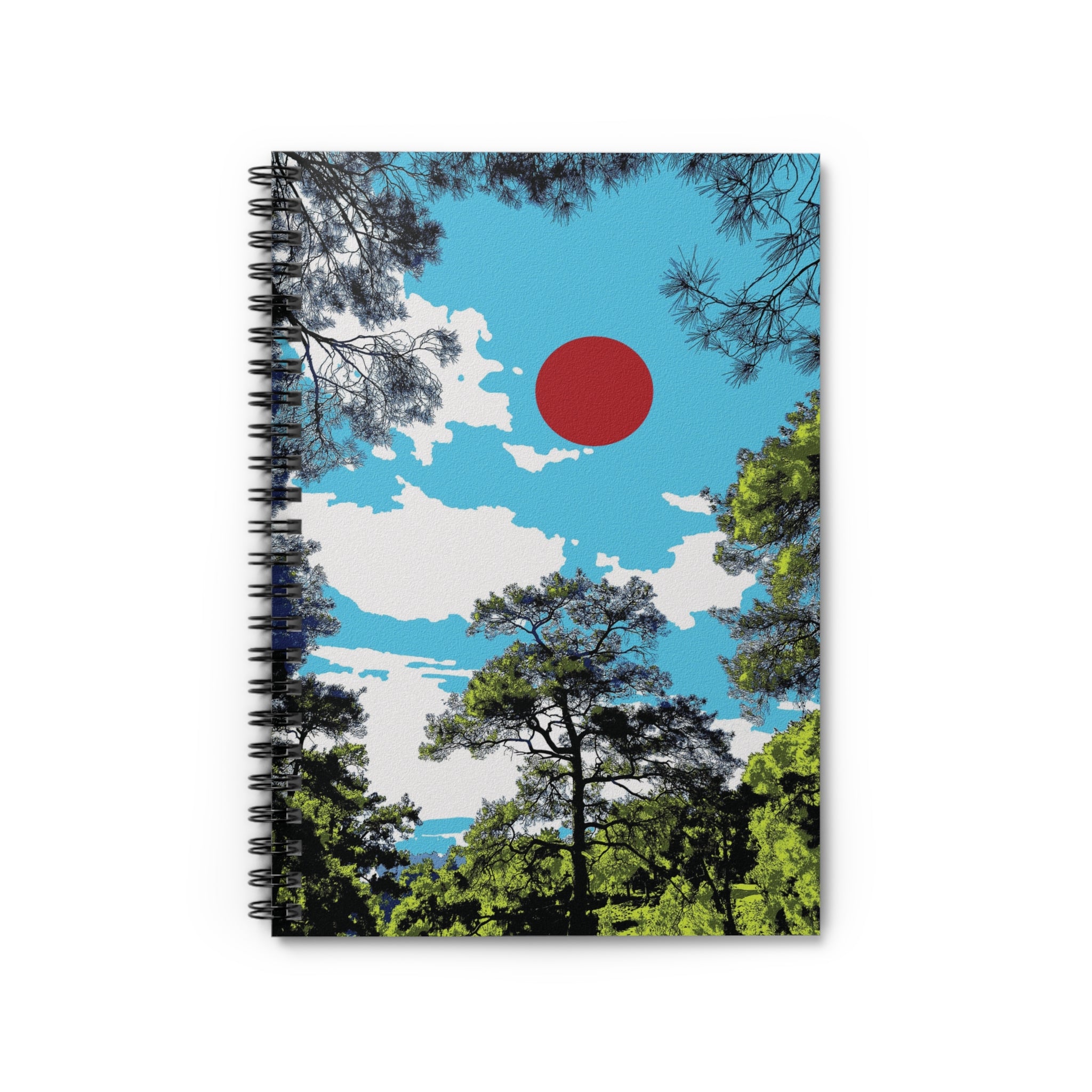 Minimal Forest Art Journal, Nature Spiral Notebook, Blue Sky Sun Illustration