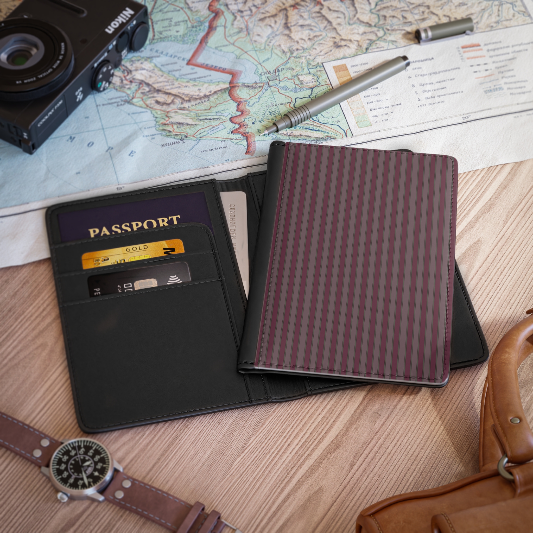 Burgundy Passport Wallet | Vertical Stripes Passport Cover - Image 2